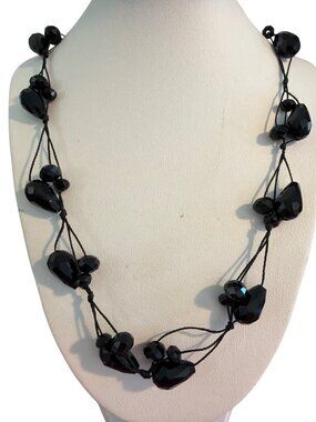 Vintage Black Glass Bead Cluster Necklace Multi Strand Woven Braided 23" Estate